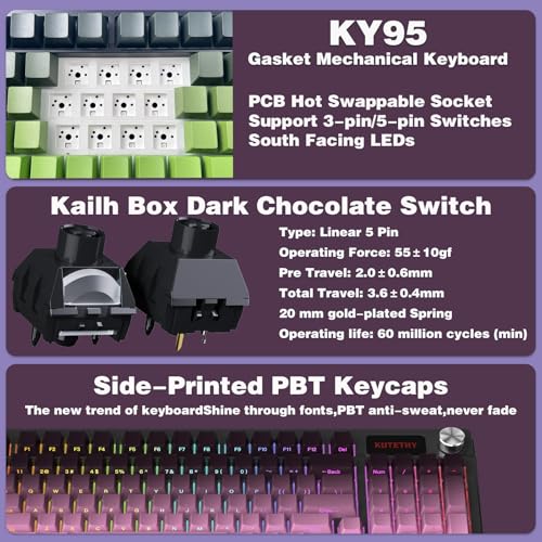 Image of KUTETHY Wireless Mechanical Keyboard,RGB Backlit Gaming-Blackberry Contours | Smart Display & Knob,Tri-Mode BT5.0 /2.4GHz /USB-C,Hot Swappable Pre-lubed Linear Switches,Contour keycaps(Dark Switches)