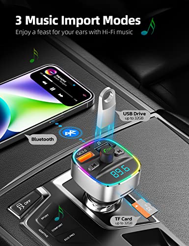 Nulaxy Bluetooth Fm Transmitter For Car,Bluetooth Car Adapter With Dual Usb Charging Car Charger Mp3 Player Support Tf Card & Usb Disk,Hands Free Calling,7 Colors Led Backlit Light-Silver #TOP3