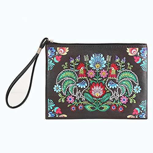 Domybest Damen Geldbörse Wristlet Wallet DIY Diamond Painting Mandala Clutch Tasche Leder mit Gurt Kartenhalter Portemonnaie Handytasche Kosmetiktasche Reise Hahn und Blume 20 x 15