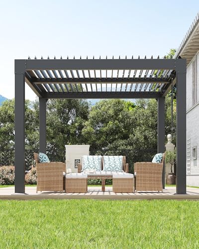 Louvered Pergola Backyard Patio Garden Sheds 10 x10 Ft, Outdoor Pergola with Adjustable Louvered Roof, Integrated Drainage System, Reinforced Aluminum Frame, Hardtop Gazebo for Patio, Deck, Gray
