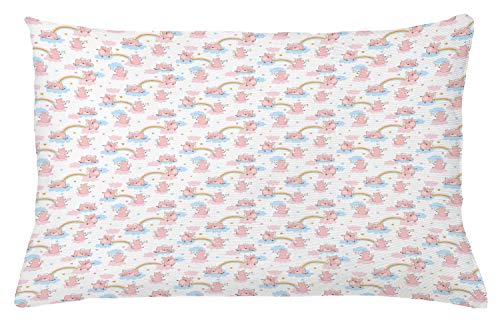 Ambesonne Cartoon Throw Pillow Cushion Cover, Pig Unicorns Horn and Wings on Rainbow Clouds Fun Sleeping Angel Theme, Decorative Square Accent Pillow Case, 26