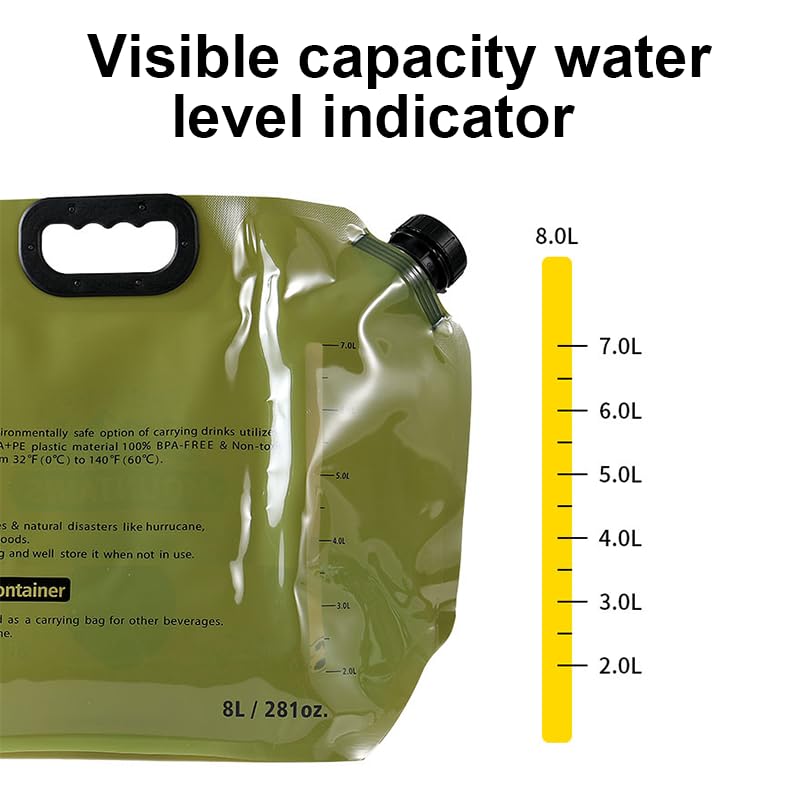Contenedor de Agua Plegable con Grifo, Bolsa de Almacenamiento de Agua de 8L (2.1 Galones) Capacidad Grande para Camping, Senderismo y Viajes al Aire Libre, Verde Militar miniatura 6