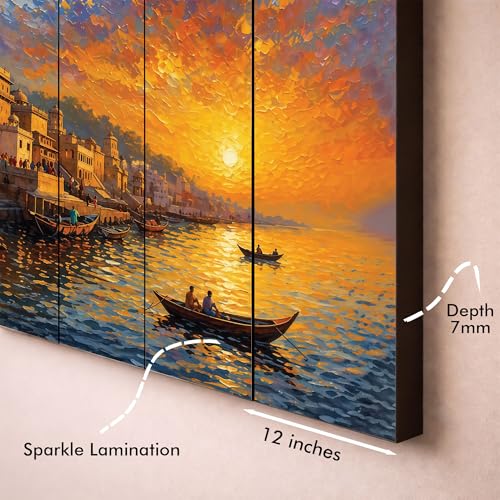 Image of The Castle Decor Banaras Ghat Paintings for Living Room | Varanasi Ghat Ganga River Wall Art | Indian Traditional Wall Painting for Decor (Multi Color - Design 7, 36x60 Inch)