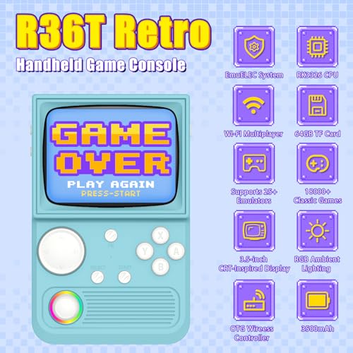 R36T Retro Gaming Console, 3.5'' IPS Screen CRT-Inspired, Handheld Game Console with 18000+ Classic Games Supports WiFi Networked Fighting and OTG, 3500mAh Battery, with Portable Case(Blue 64GB) - Image 3
