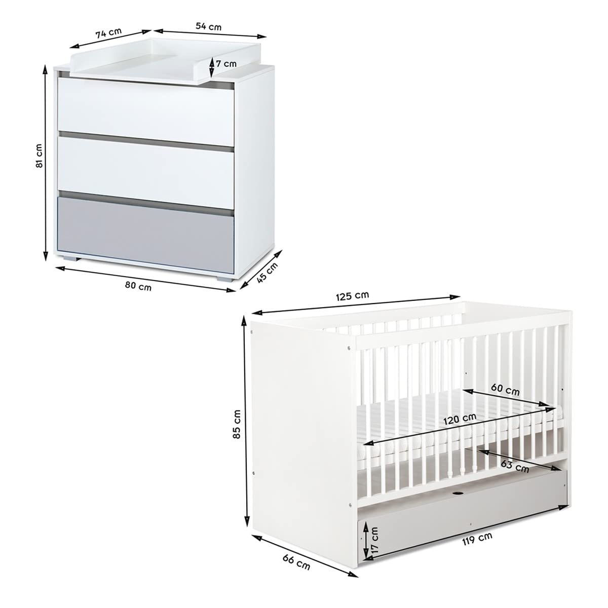 Mon Mobilier Design Dalia Ensemble Commode à Langer + lit bébé évolutif Blanc 120X60 + tiroir