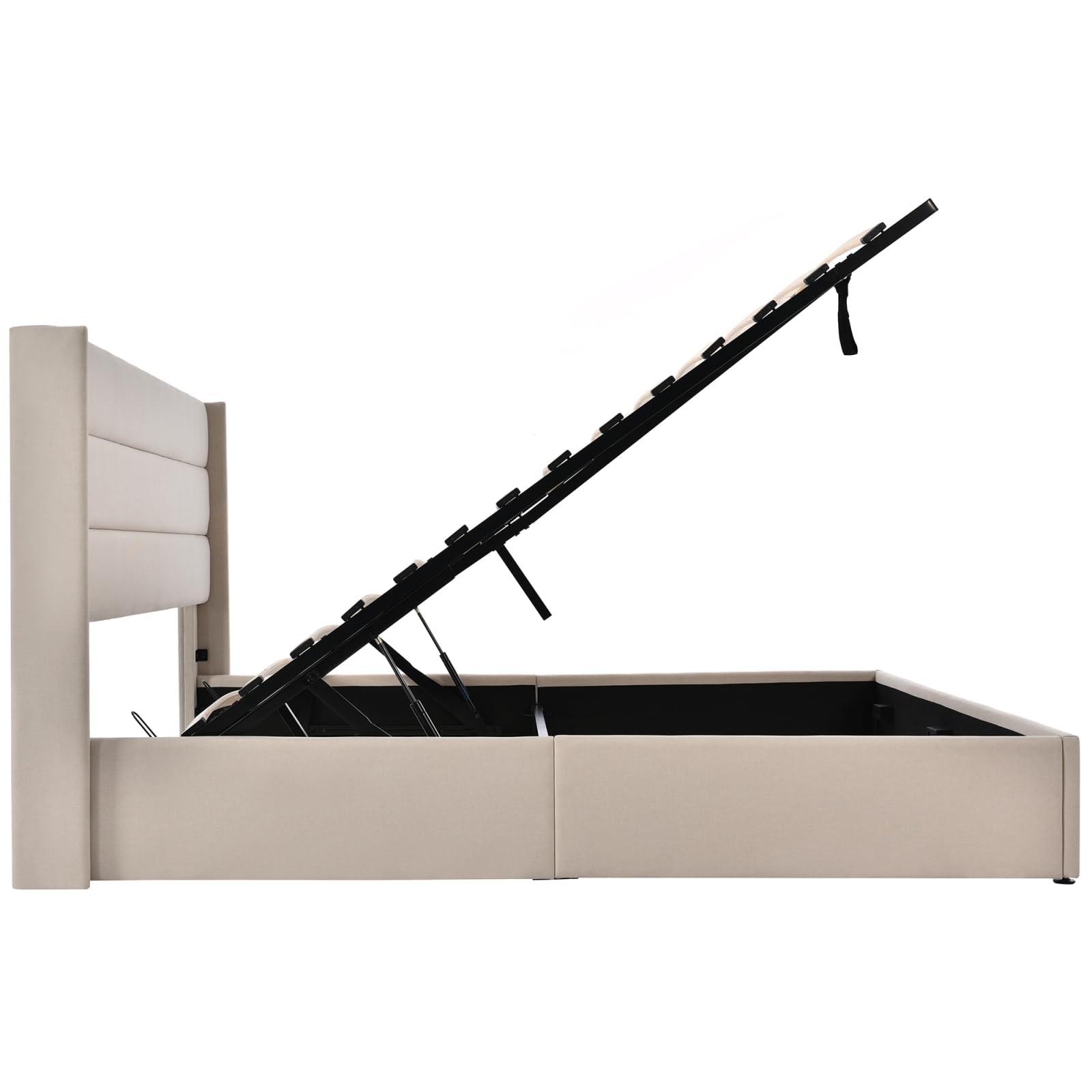 FEEOHOME Lit Double Rembourré 160 x 200 cm, lit 2 Places avec Cadre de lit et Espace de Stockage, Lits Coffre sommier à Lattes pour Adulte Adolescent, Lin Beige