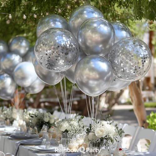 Image of RainbowQ Metallic Silver Confetti Balloons: 55Pcs 12 inch Chrome Silver Shiny Helium Latex Balloon Helium for Party Birthday Anniversary Wedding Decoration