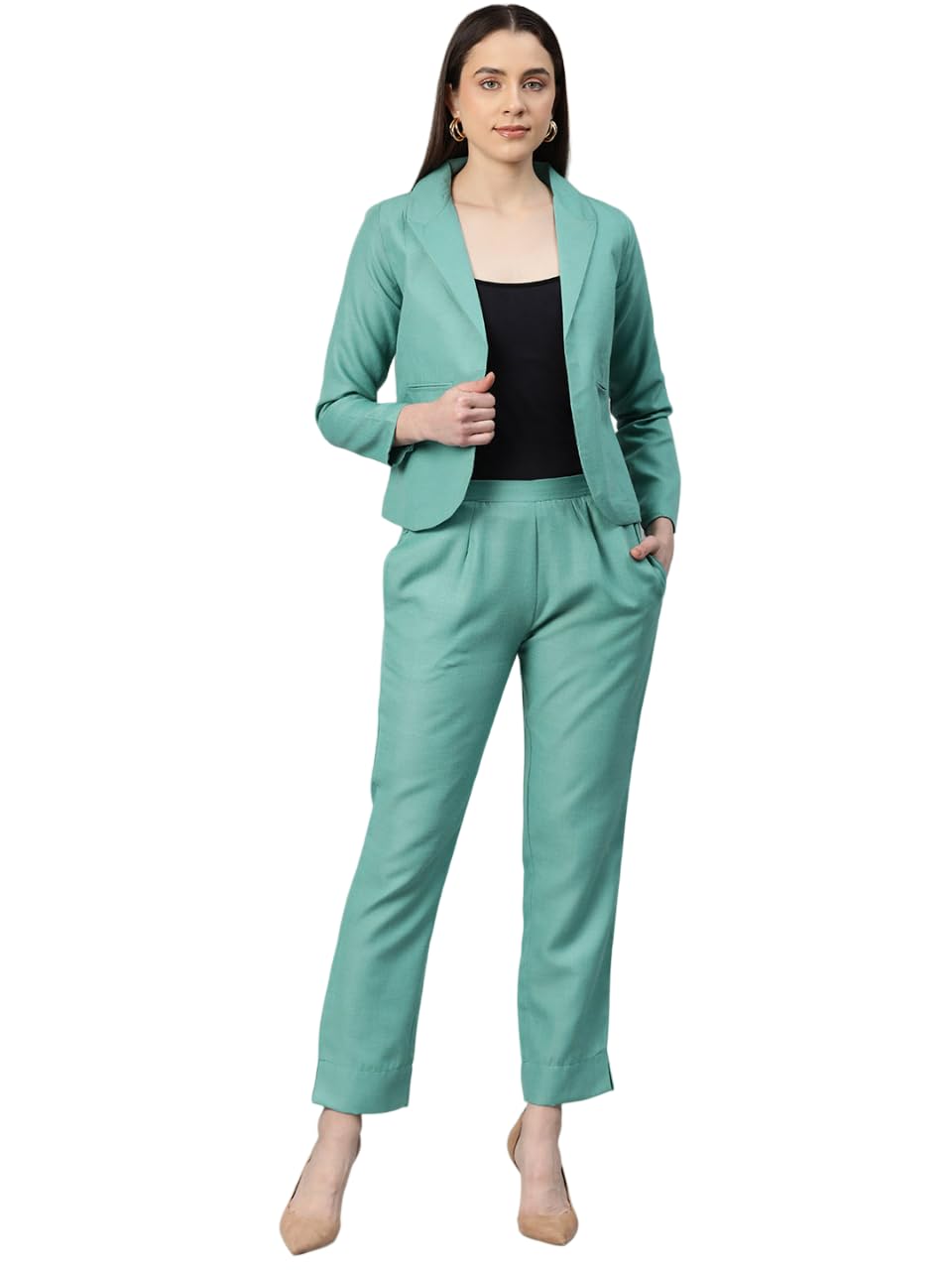 Women Solid Green Blazer Co-ord-image-39