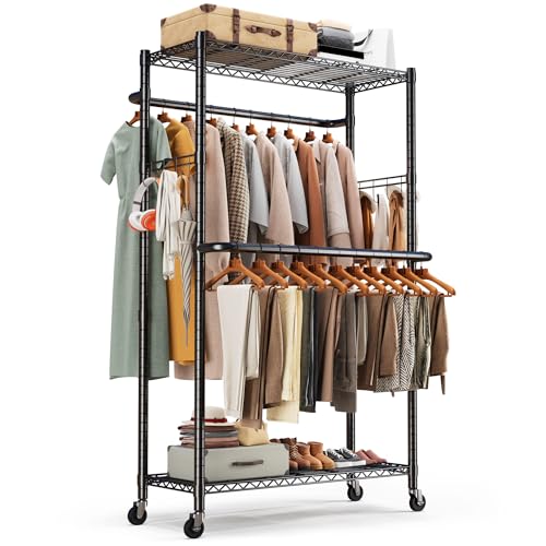 HOKEEPER Clothes Racks 400 LBS Heavy Duty Clothing Racks for Hanging Clothes Adjustable Coat Rack with Wheels & Hooks Freestanding Wire Garment Rack Portable Closet Wardrobe 74.8''H*38.2' W
