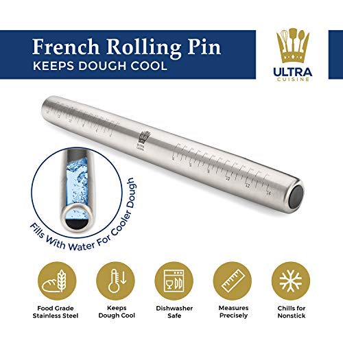 Professional Tapered French Rolling Pin - Stainless Steel Rolling Pin with Measurements - Adjustable Weight, Non-stick, Dough Cooling - Roller for Baking, Fondant, Cookies, Pie Crust, and Pastries - Thumbnail 2