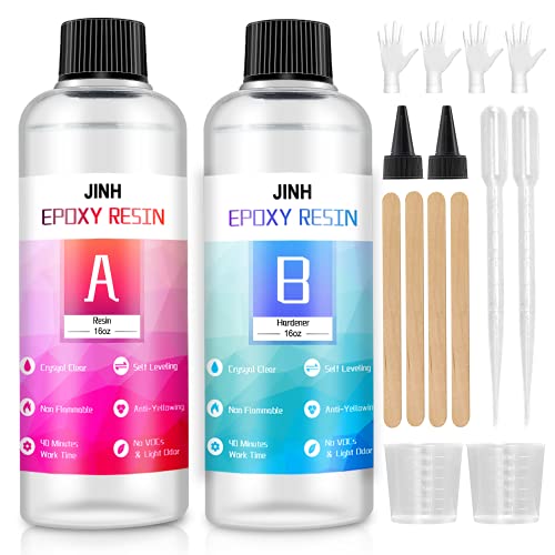 JINH 32oz Epoxy Resin Kit Casting and Coating for River Table Tops, 2 Part Epoxy Art Resin Clear Casting Resin Jewelry Resin 32 Ounce Kit,Handmade Art,Jewelry Projects,Casting Molds