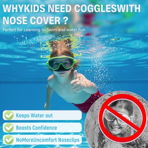 Image of Proberos Swimming Goggles for Kids, 2-in-1 Wide View Goggles Lenses with Anti-Choke Nose Cover & Intergrated Earplugs, Adjustable Headstrap No Pressure Swim Goggles for Children for 4-12 Years, Green