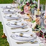 Nervure 350PCS Gold Plastic Plates - Gold Plastic Dinnerware Sets for 50 Guests - 100 Disposable Plates, 150 Silverware, 50 Cups, 50 Napkins for Wedding & Party - Image 4