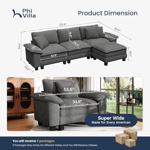 Image of PHI VILLA Cloud Modular Couch Sets, 123.6 inch Sectional Sofa with L-Shaped Chaise, 4-Seater Upholstered Couches with MCorduroyovable Ottoman for Living Room, Corduroy Fabric, Grey