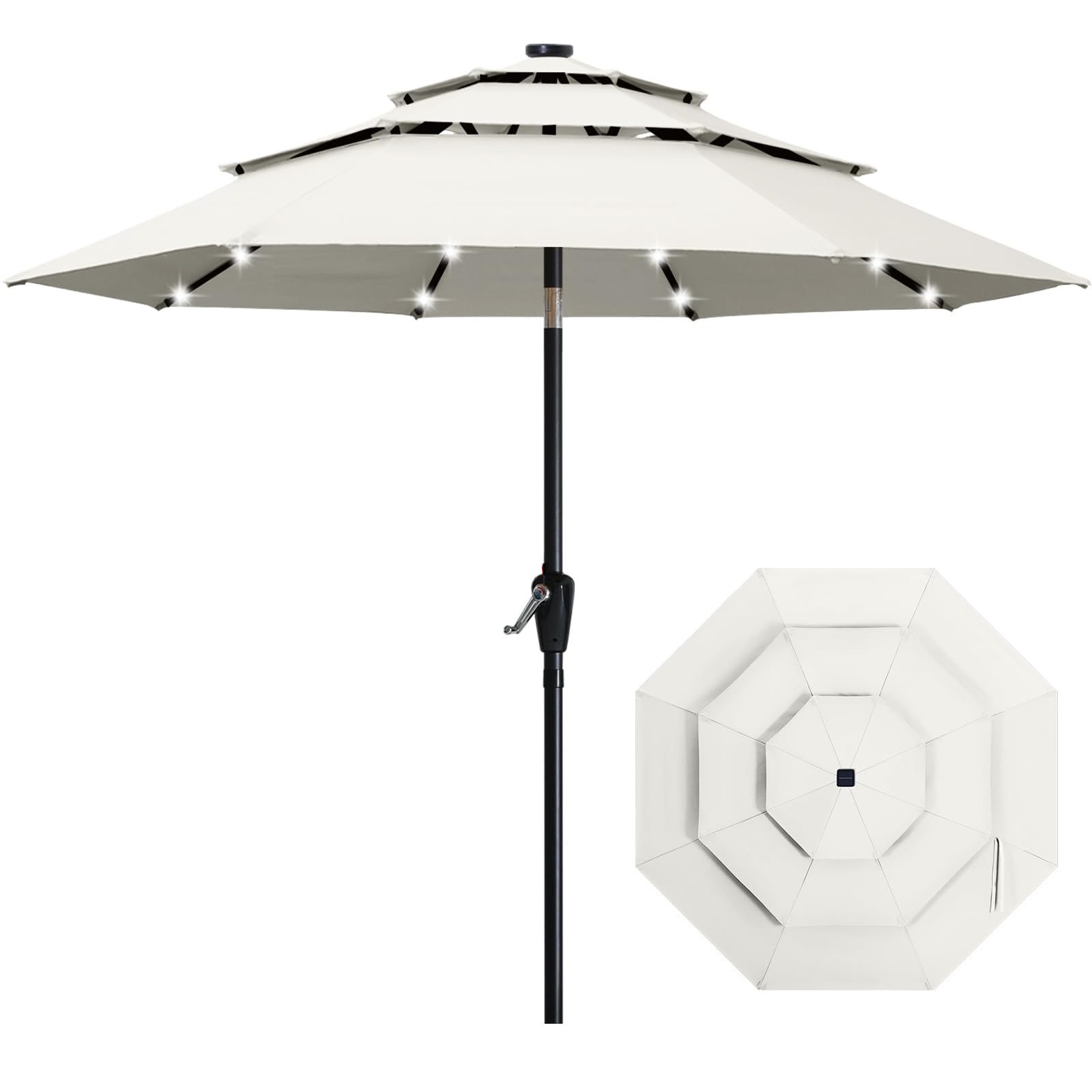11 ft solar patio umbrella in beige ABCCANOPY 11FT 3-Tier Umbrella, 32 LED Lights, The solar panel charges collections-reflective 5'' White Body Shad Color:90 Straight Glow