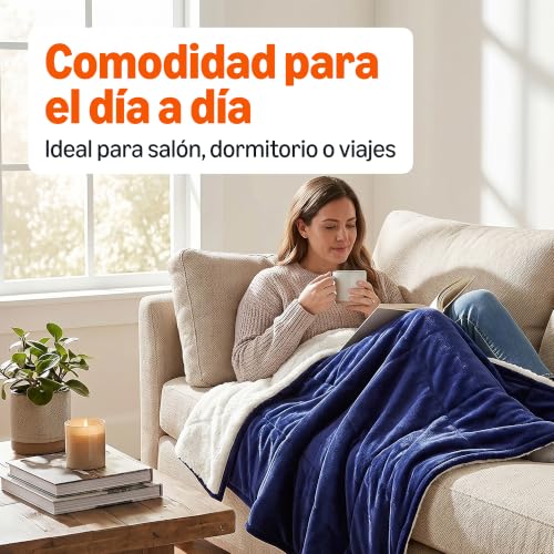 Miniatura 3 de Amazon Basics Coperta Plaid in Pile Sherpa, 127 x 152 cm, Blu Navy | per Divano, Reversibile