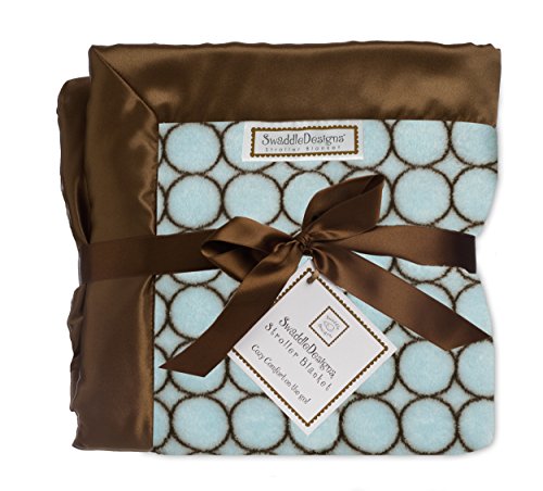Image of SwaddleDesigns Stroller Blanket, Cozy Plush Baby /Toddler Blanket, 30x40 inches, Pastel Blue and Brown Mod Circles with Satin Trim