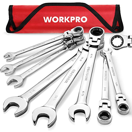 WORKPRO 8-piece Flex-Head Ratcheting Combination Wrench Set, SAE 5/16-3/4 in, 72-Teeth, Cr-V Constructed, Mirror Polished Chrome Plated with Roll Up Pouch