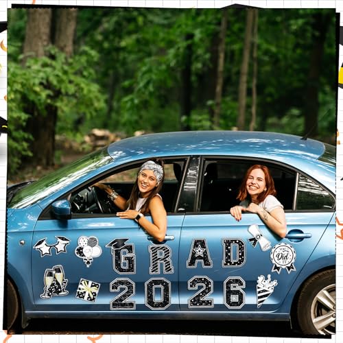 Image of Landhoow 30 Pcs Graduation Car Magnets 2026 Senior Graduation Car Decoration Bumper Sticker Congrats Grad Magnet Magnetic Refrigerator Decal for Grad Parade Party Supplies(Black, White)