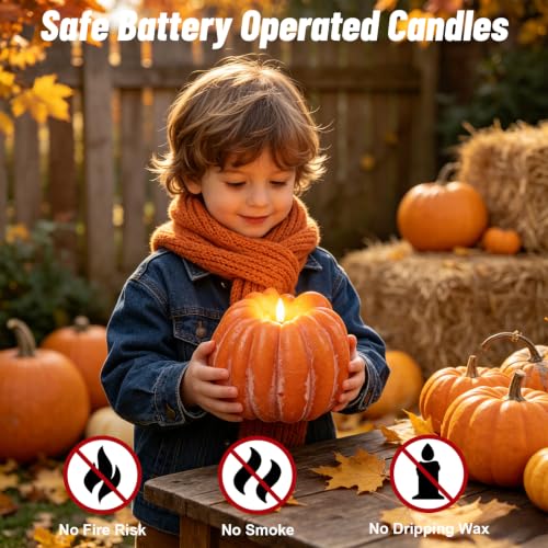 Image of Wondise Orange Fall Decorations Real Wax Pumpkin Candles with Remote Timer