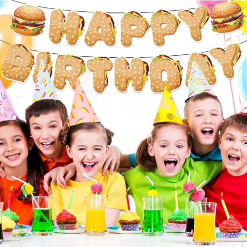 Image of Hamburger Happy Birthday Banner, Hamburger Birthday Party Decorations, Fast Food Snacks Themed Birthday Party Supplies