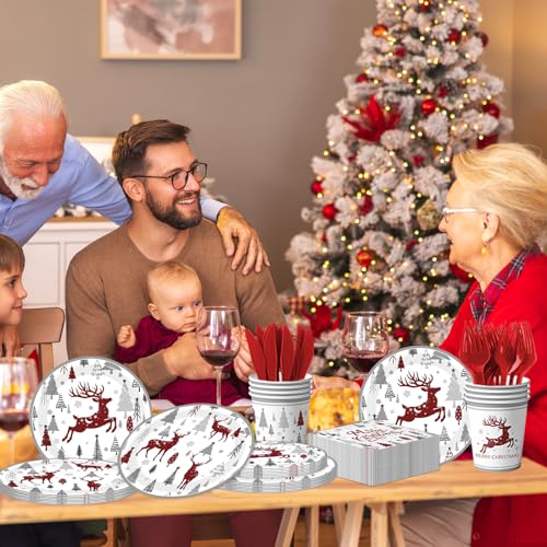 Christmas Paper Plates and Napkins,144pcs Christmas Tree Reindeer Christ mas Plates Disposable Party Set for Winter Xmas Holiday,Serves 24 – Image 5