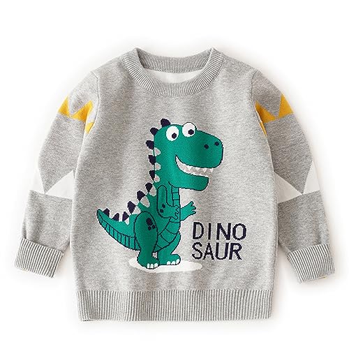 Boys' Long Sleeve Hooded Kids Baby Pullover Sweater Knit Dinosaur Print Sweater Coat For Autumn (Grey, 4-5 Years)