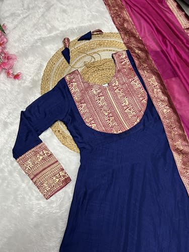 Image of Women's Vichitra Silk Anarkali Gown with Dupatta, Navy Blue Flared Traditional Dress with Magenta Zari Border, Jacquard Weaving Full Sleeves Ethnic Suit