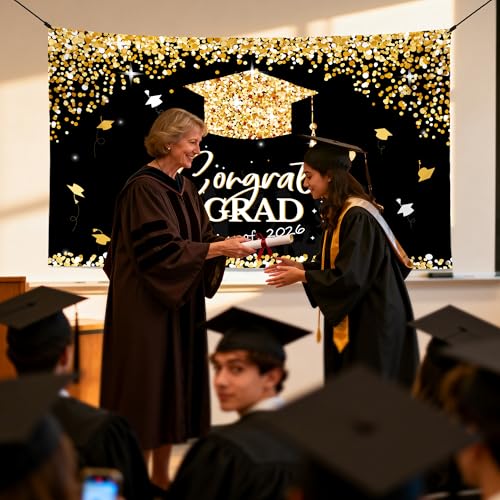 Image of PARTY KNIGHT Graduation Decorations 2026 - Black and Gold Graduation Backdrop and Congrats Grad Banner Class of 2026 Graduation Party Supplies Decor