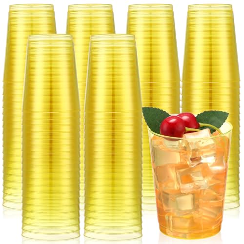 Minatee 100 Count Plastic Cups Disposable Fancy Cups Heavy Duty Wine Cocktail Glasses for Graduation Wedding and Birthday Party Plastic Drinking Tumblers(Yellow 10 oz)