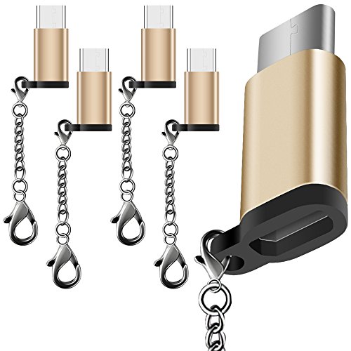 5 Pack USB Type C Adapter, AFUNTA USB C to Micro USB Convert Connector Fast Charger with Keychain Compatible Samsung Galaxy S8 New MacBook Pixel XL Nexus 5X 6P-Gold