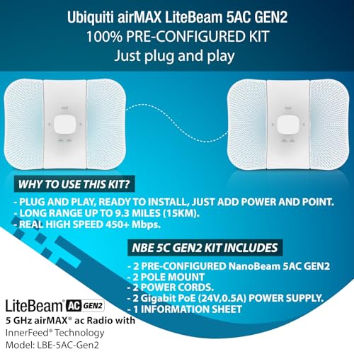 Image of Wireless Bridge LBE-5AC-GEN2 PRE-CONFIGURED Bundle of 2 Ubiquiti LiteBeam 5AC GEN2, 2 Units Kit 100% Configured as Outdoor Point-to-Point Wi-Fi Bridge, Access Point, 450+ Mbps Speed, 15+ km Range,.
