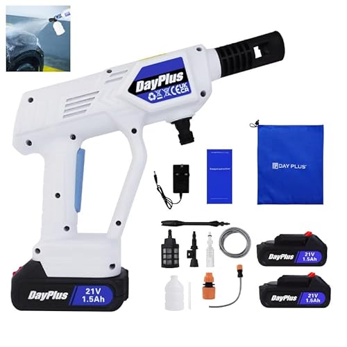 Cordless Pressure Cleaner Portable Pressure Washer Lightweight Cordless Jet Wash Car Washer with 1.5Ah Battery Foam Generator Nozzle Water Pump 5M Hose (21V(2x1.5Ah Battery))