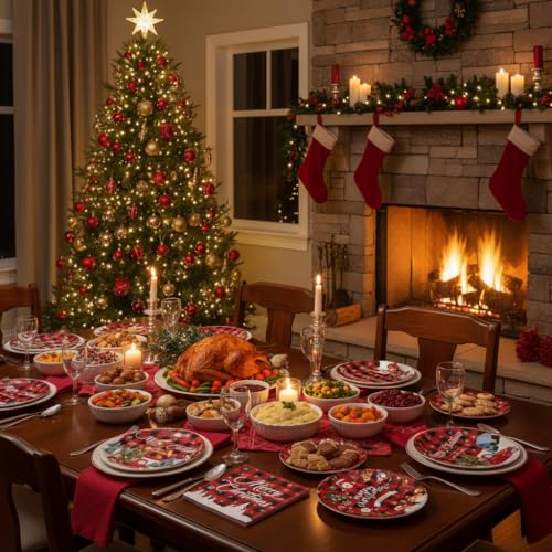 Christmas 9 Inch & 7 Inch Party Plates and Napkins Set – Buffalo Plaid Red Truck Disposable Paper Dinner Plates Dessert Plates Napkins for Holiday Dinner Xmas Party Supplies Decorations, Serves 20 – Image 4
