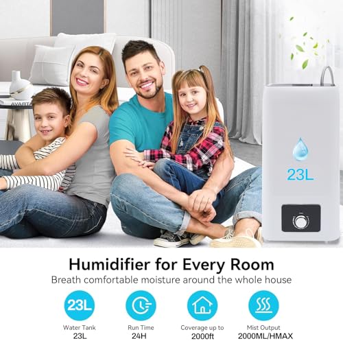 Industrial Commercial Humidifiers Whole House Humidifier 2000sq.ft Large Room Humidifier 2000ml/h 23.8L/6.2Gallons Top Fill Water Tank 110V for Warehouse Commercial Home Plants (23.8L Whtie Plus)