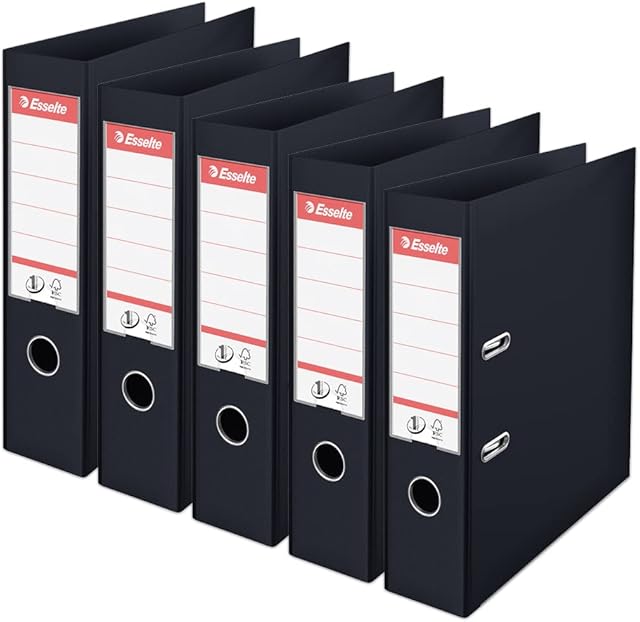 Esselte, A4 Lever Arch File, 75 mm Spine, 500 sheets Capacity, PP, Plastic Cover, No. 1 Mechanism, Files & Folders, Black, 5 Pack, 162570