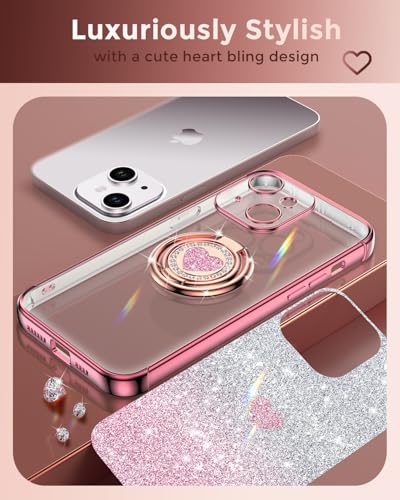 Image of XYZ for iPhone 14 Back Cover Case with Stand, Phone Case with Double Ring Kickstand, Women Girls Bling Luxury Glitter Clear Phone Case Cover Heart for iPhone 14, Rose Gold