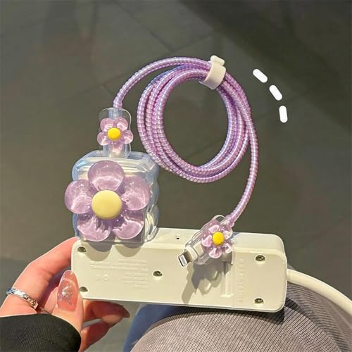 Image of Protective Charger Case for iPhone 18W 20W iPhone 17 16 15 14 13 12 11 Pro Max Charging Cable Charger Protective Cover Data Cable Protective Sleeve-Purple ND Yellow Flower