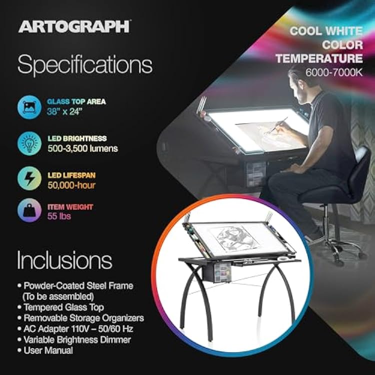 Artograph Futura Light Tracing Table for Artists with Storage and Adjustable, Dimmable Glass Work Top
