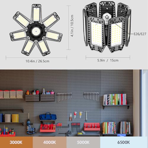 led garage light 2 pack - 200w 20000lm 6500k led garage ceiling lights with 71 adjustable panels shop lights screw in e26 e27 bulb socket for workshop storage room basement warehouse