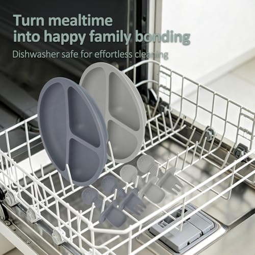 Image of Eascrozn Silicone Baby Utensils, 2 Pack Divided Suction Plates for toddlers, 2 Pack Toddler Forks and Spoons Set, Baby Led Weaning Feeding Supplies, BPA Free, Microwave and Dishwasher Safe