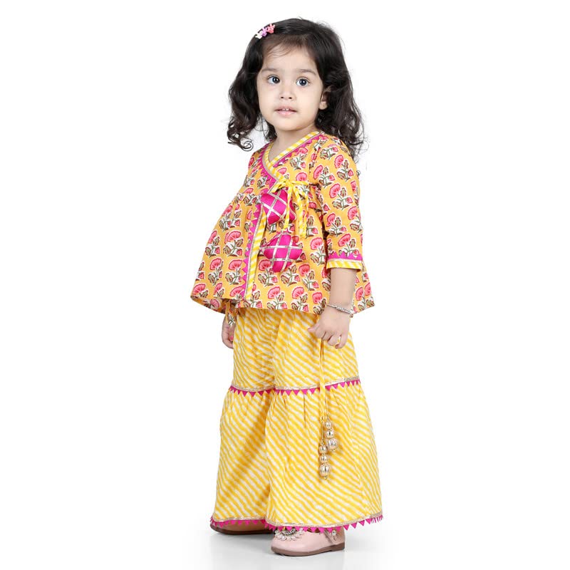 Image of BownBee Girls Cotton Kurti and Sharara Suit Set Round Neck, Angrakha Traditional Ethnic Dress, Front Open Kurta For Girl Kids, Suitable for All Festivals & Casual Wear