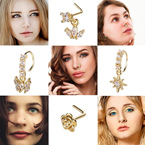 SAMOCO 20Pcs 20G Dangle Nose Ring L Shaped Dangling Nose Stud for Women Stainless Steel Nose Ring Studs CZ Flower Dangle Nose Rings Hoops Nose Piercing Jewelry4