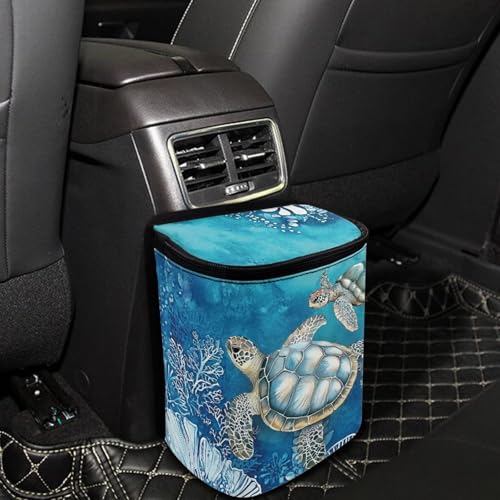Image of Talayituse Turtle Water Plants Print Car Trash Can with Adjustable Straps, Zip Closure Car Trash Bag Bin Auto Garbage Bag Multipurpose Storage Box for Vehicle Travel Camping Picnicing