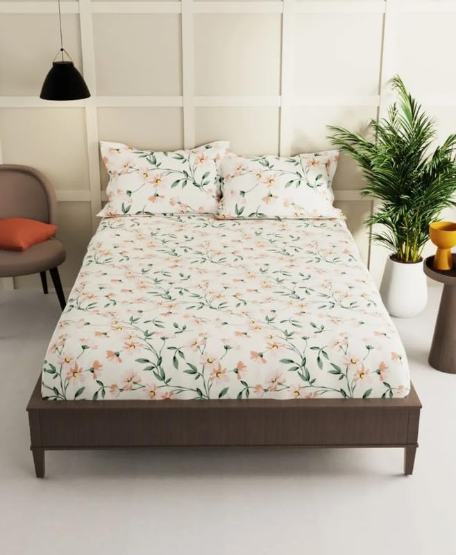 T Tungol Cotton King Size Elastic Fitted Double Bedsheet (72x78x6 in) with 2 Pillow Covers (Cream Flower)