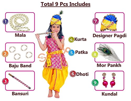 Image of Sarvda Shree Krishna Dress for Baby Boy & Radha Dress for Girls | Janamashtami Dress | Fancy Dress Costume with Accessories Dhoti, Dupatta, Mukut Flute Complete set, Ethnic wear