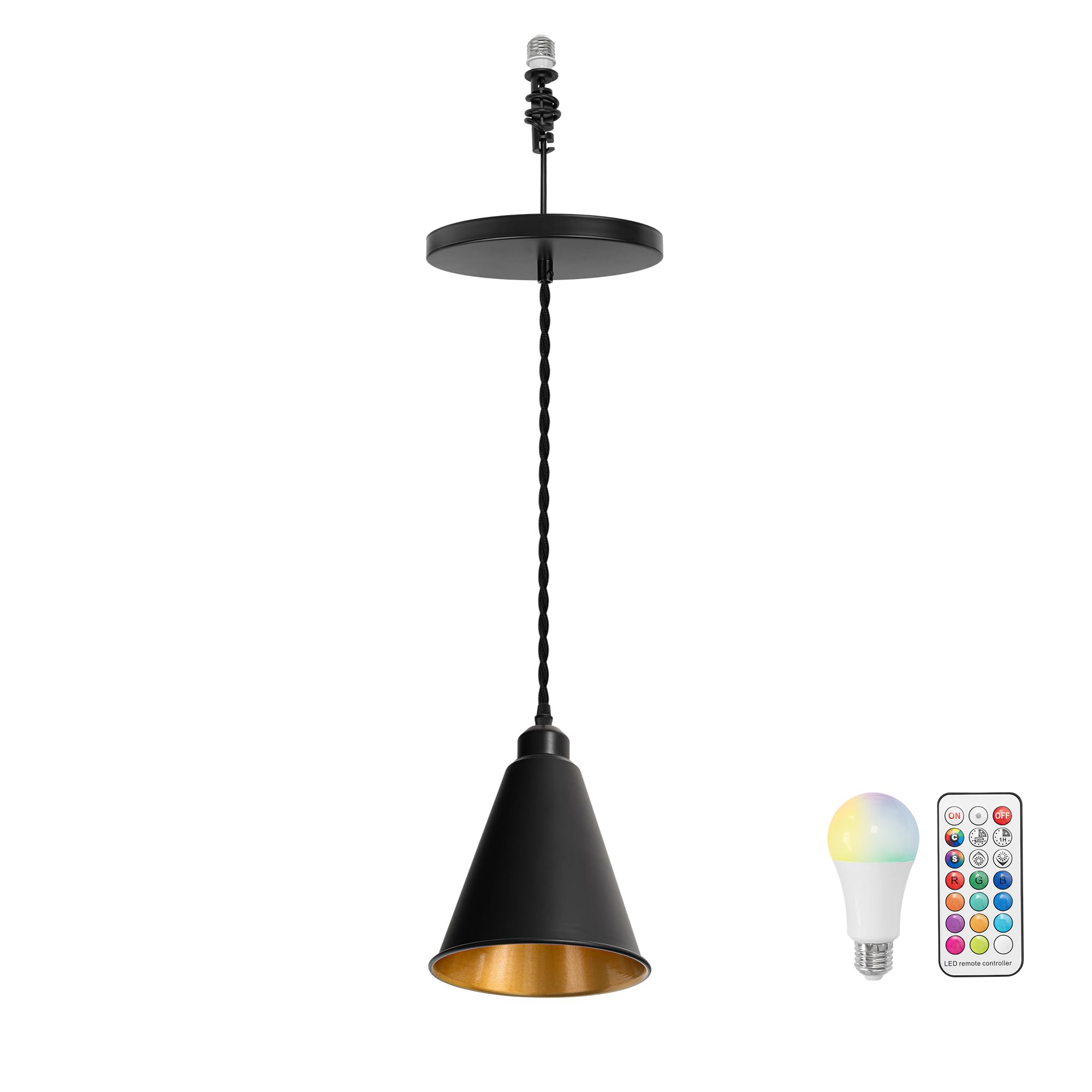 7.4 Inches Inner Gold Cone Shade Remote Dimmable Hanging Light E26 Base Adjusted Black Twisted Cord Droplight Vintage Pendant Light for Kitchen Island Sink Home
