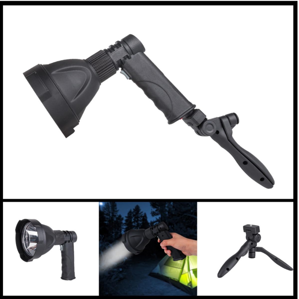 Torcia LED Portatile Ricaricabile 4000 Mah con Supporto Triangolare | Tre Modalità di Illuminazione, Fascio Regolabile, Corpo Nero in Pvc, Uso per Caccia e Campeggio