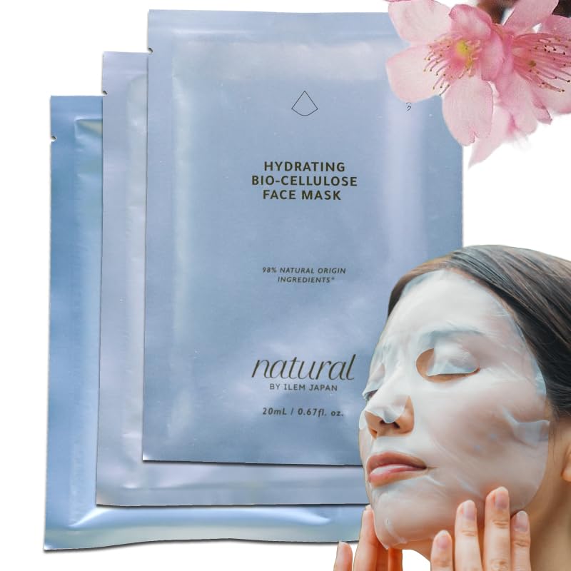 ILEM JAPAN Hydrating Bio-Cellulose Face Mask, for Glowing Skin, Collagen Boost, Wrinkle Reduction,All Skin Types
