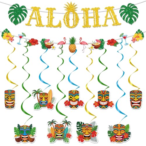 Image of Gameza Hawaiian Aloha Party Decorations, 11PCS Hawaiian Tropical Luau Glitter Banners with Hanging Swirls Decoration, Flamingo Pineapple Summer Decor Supplies